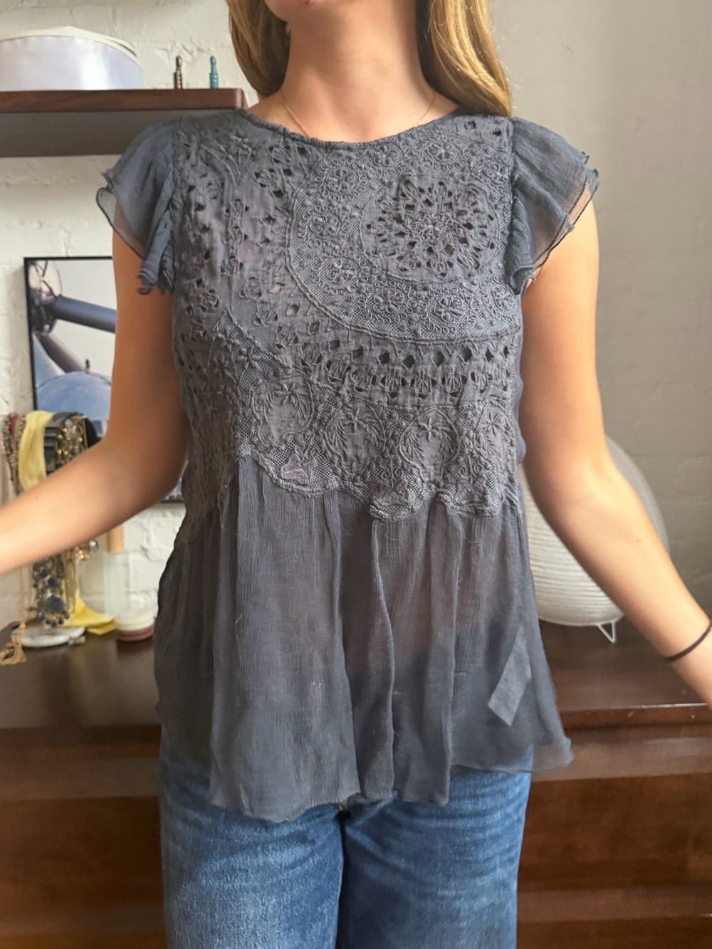 Women's Gray Crochet Silk Short Sleeve Top